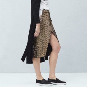 NWT Mango MNG Gold Sequin Slit Midi Skirt Size XS